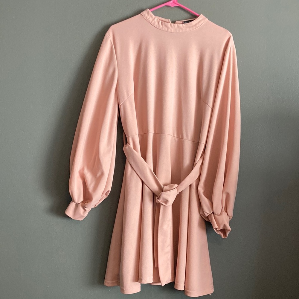 BOOHOO Skater Dress, long sleeve blush pink, size US 14, A-Line w/ waist tie